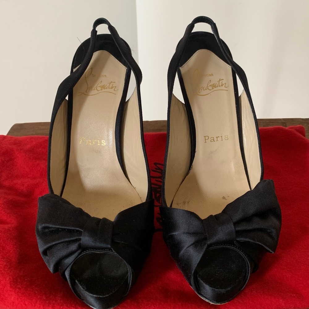 Size 8 Christian Louboutin sling back heels in black satin